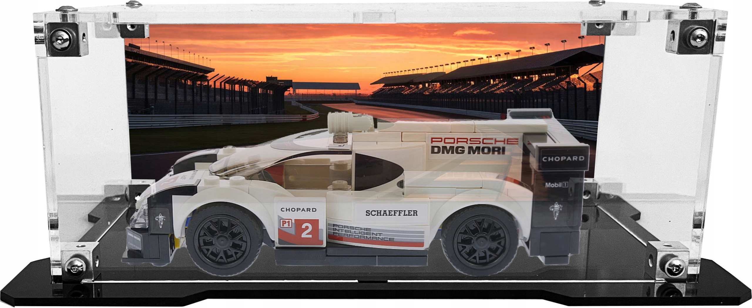 Vitrína s černou základnou a pozadím pro sadu Lego 75887 – Porsche 919 Hybrid