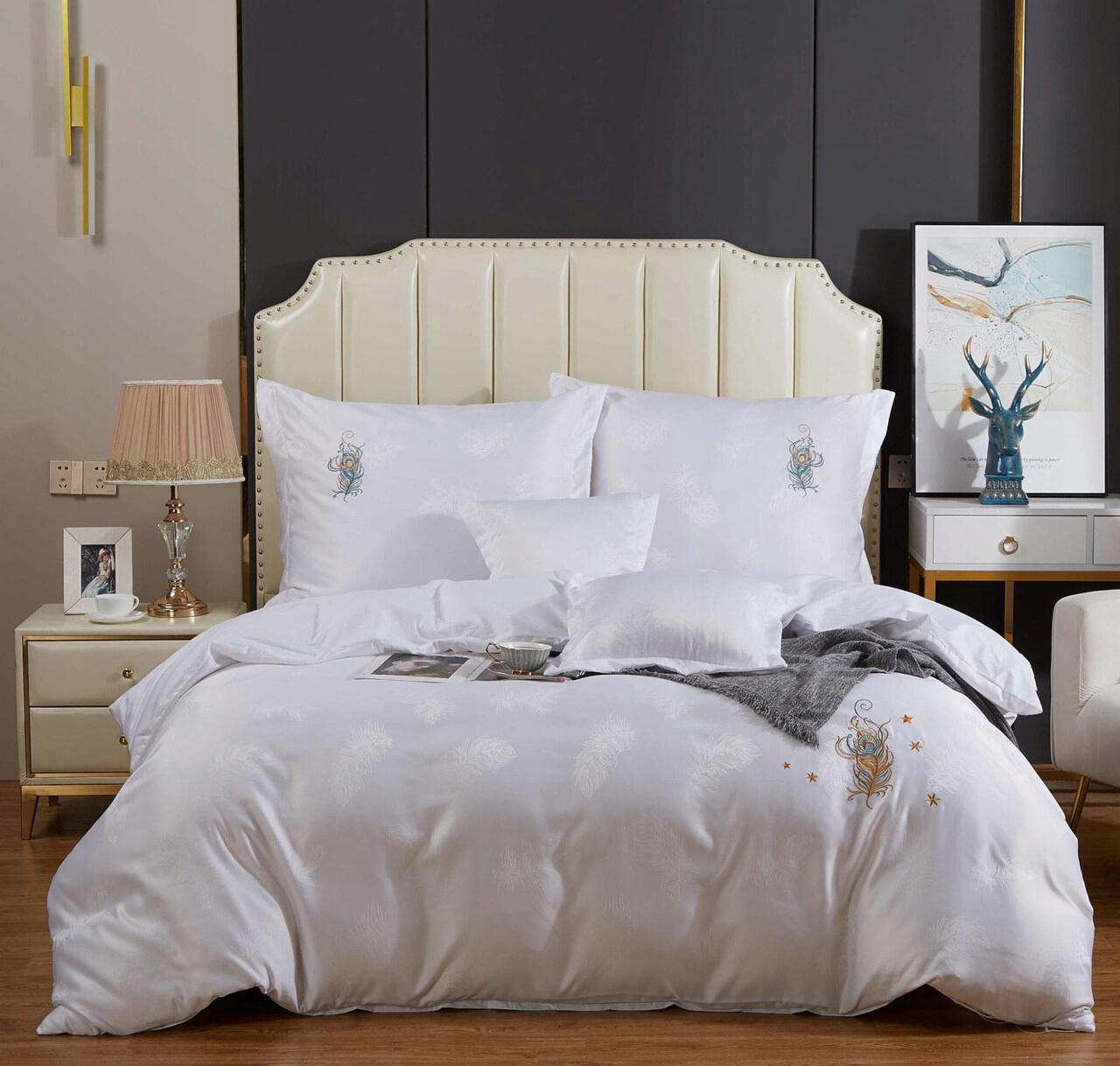 Posteľná Bielizeň atlasová vyšívaná 200x220 exkluzívna biela pierka AT010