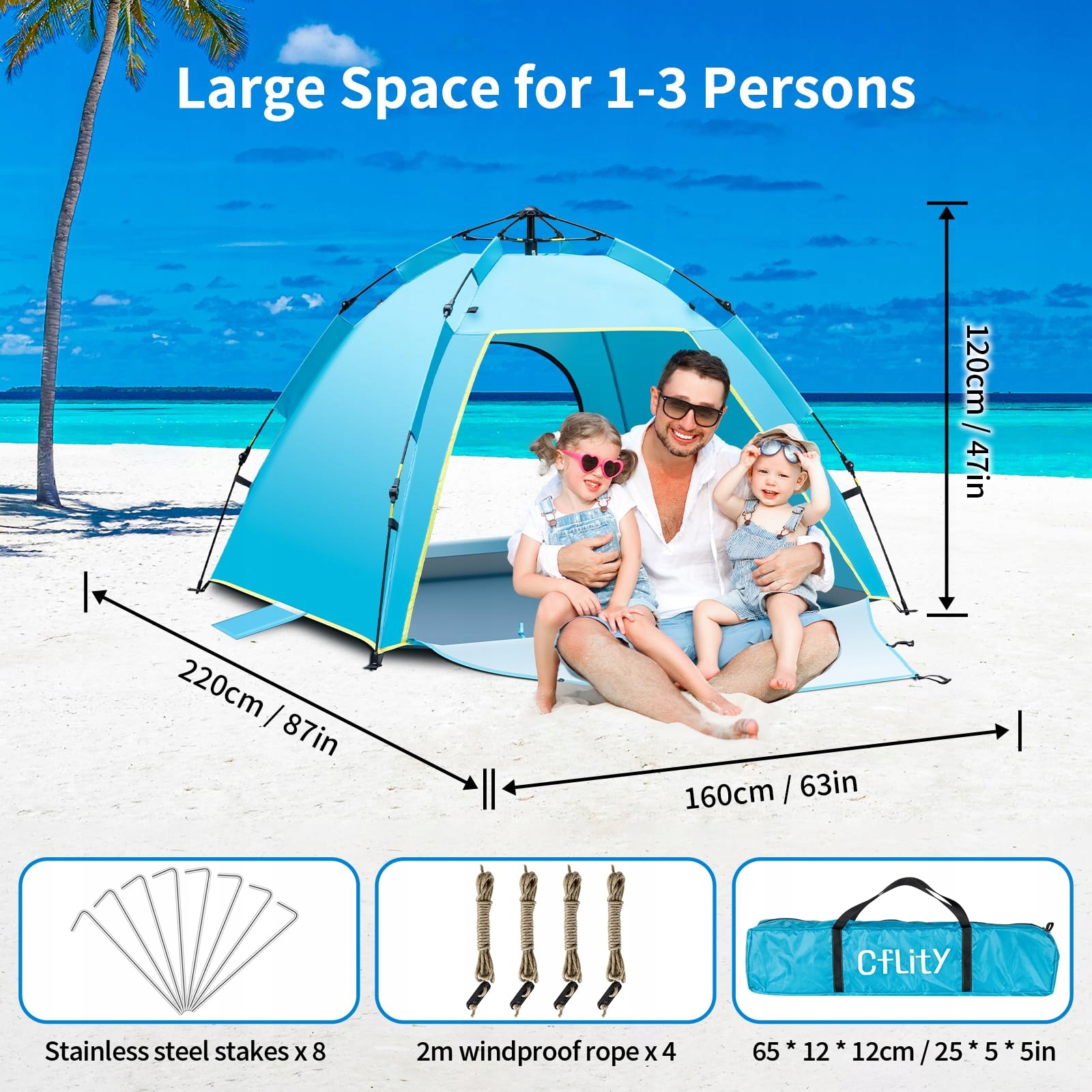 CFLITY Namiot Plażowy Pop Up 1-3 Osoby UV 50+ Lekki Przenośny Dla Ogrodu — miniatura 6