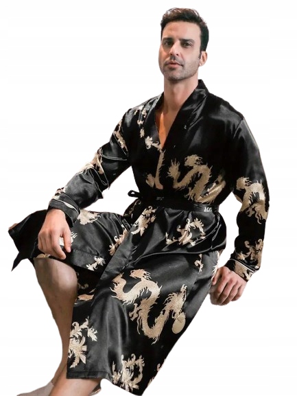 Saténový Černý Župan Zlaté Draky Satén Pánský Župan Ze Saténu L
