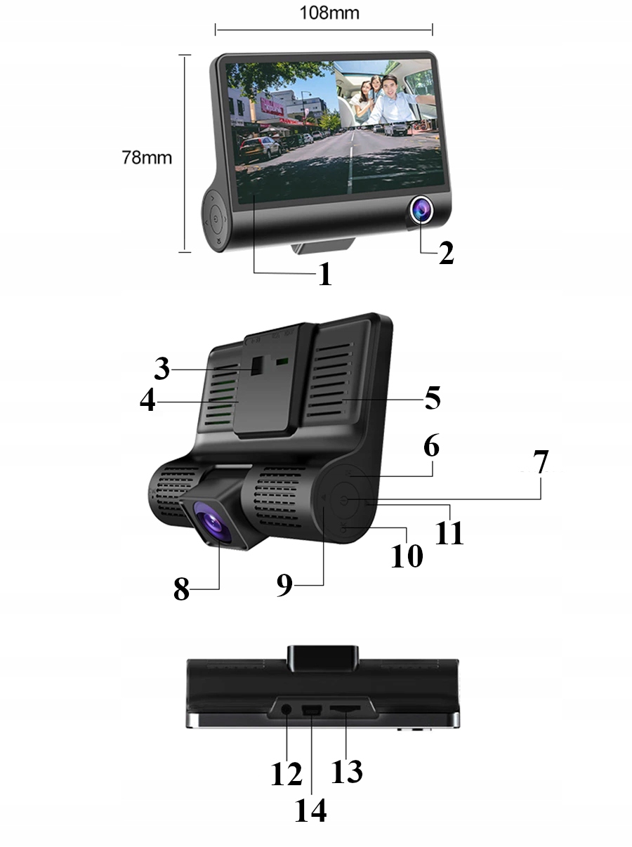 REJESTRATOR 3 KAMERY+KAMERA TYŁ w RAMCE + 64GB Kąt widzenia 170°