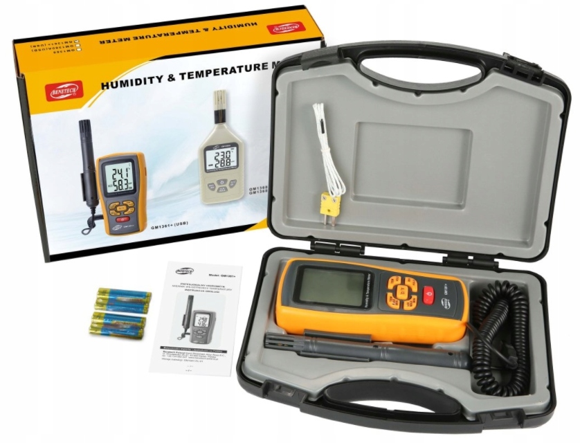 HIGROMETR MIERNIK WILGOTNOŚCI TEMPERATURY POWIETRZA TERMOPARA TypK LCD Informacje o bezpieczeństwie CE