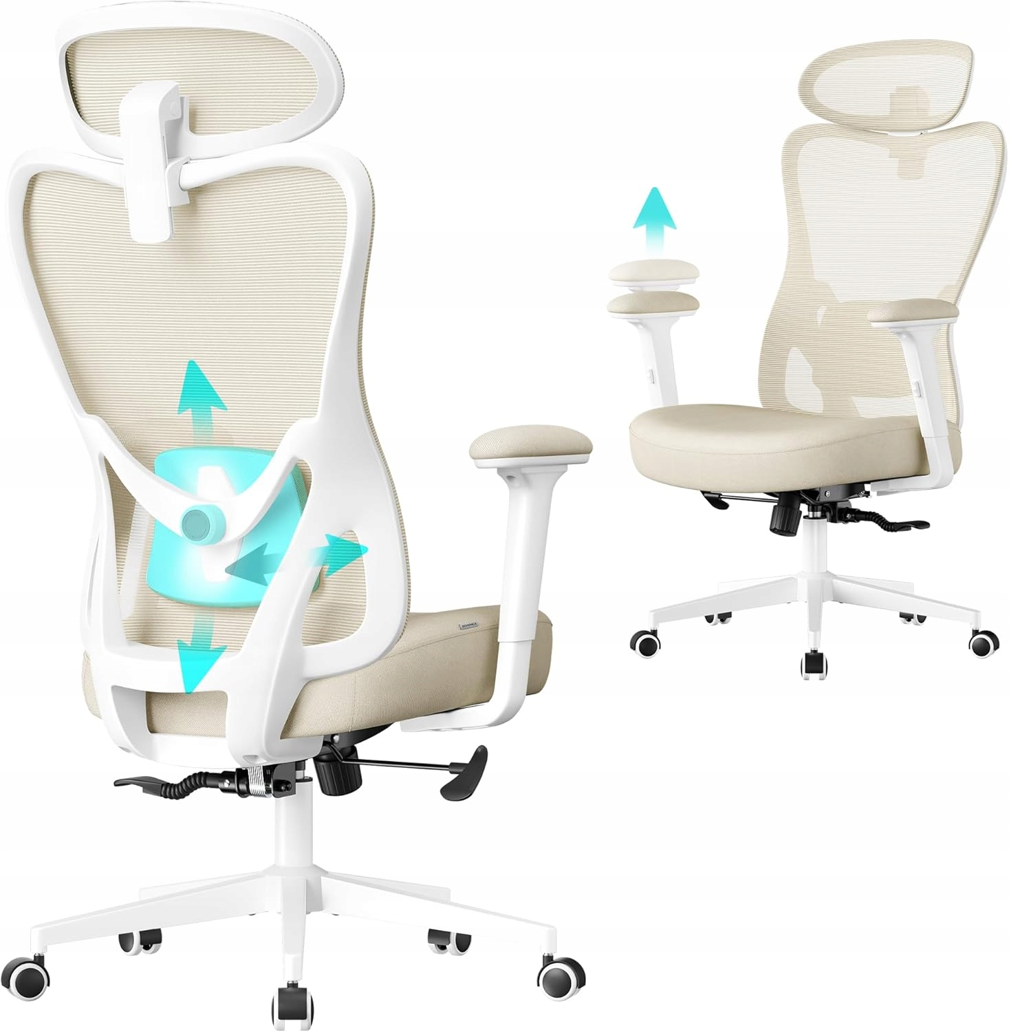 Ergonomická kancelárska stolička, opierka hlavy a bedrová opierka, nastaviteľná, béžová