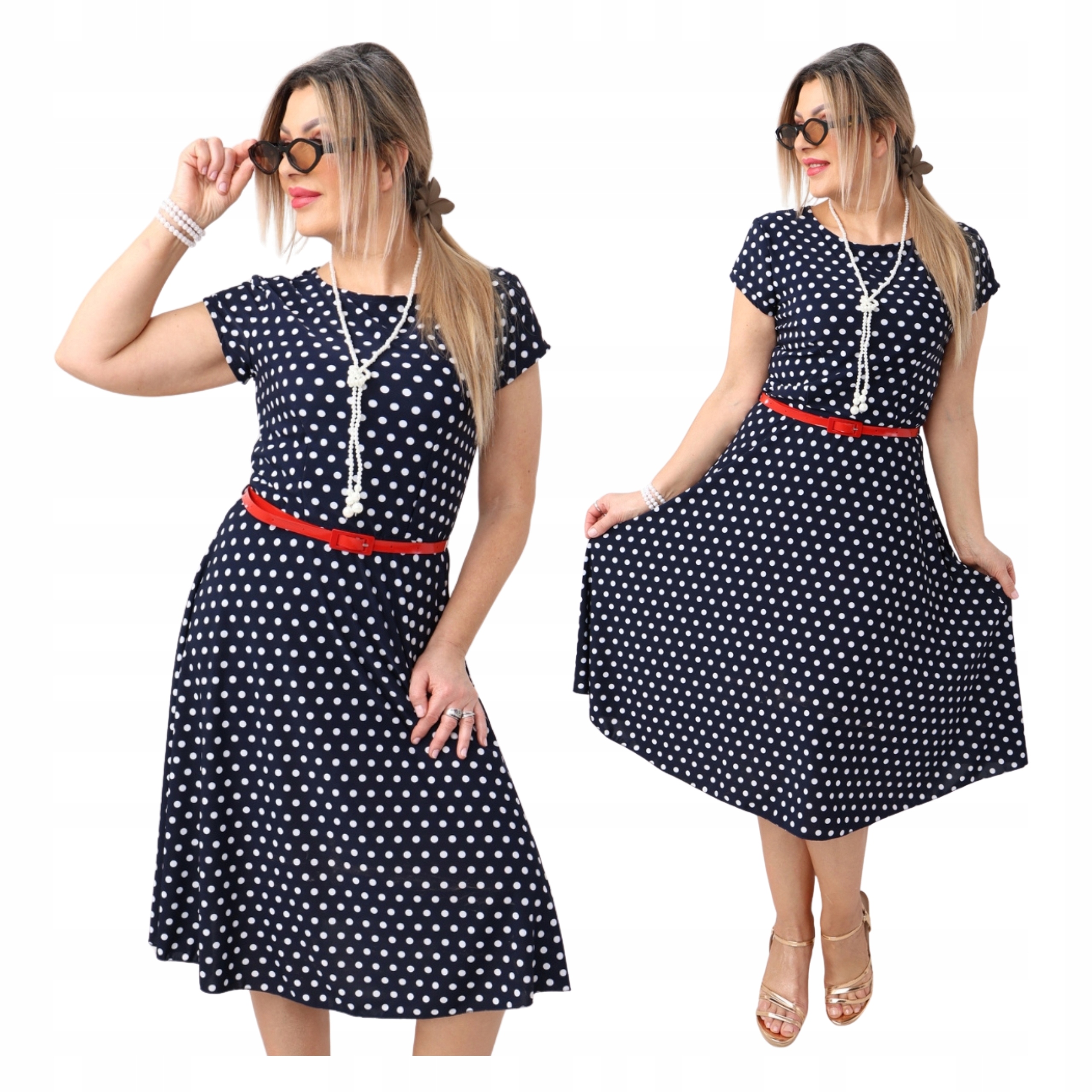 Sukienka rozkloszowana midi wizytowa Polski Producent duże rozmiary pasek