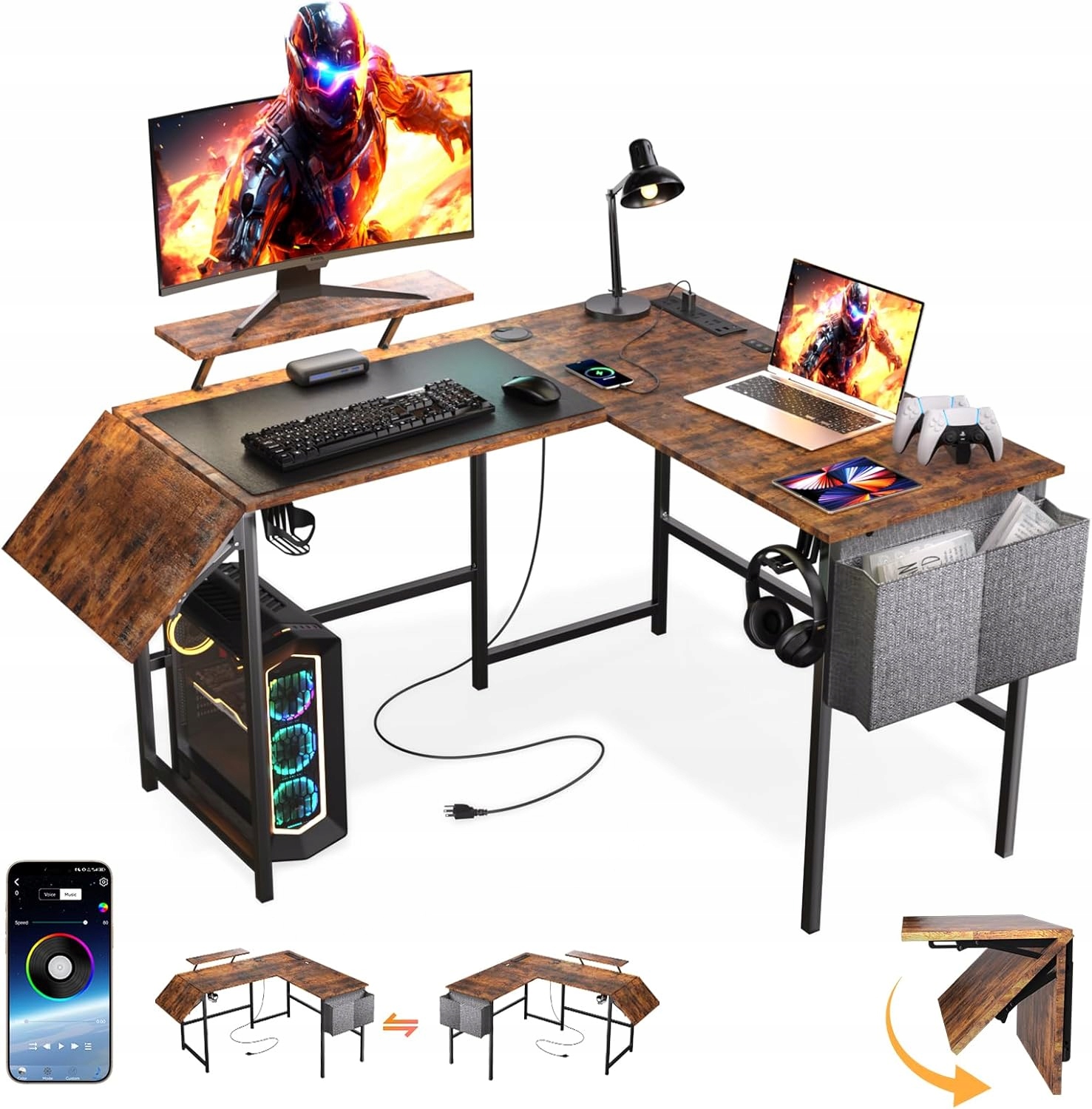 Herný Stôl Rohový L 120X150 CM Skladací Usb Rgb Led