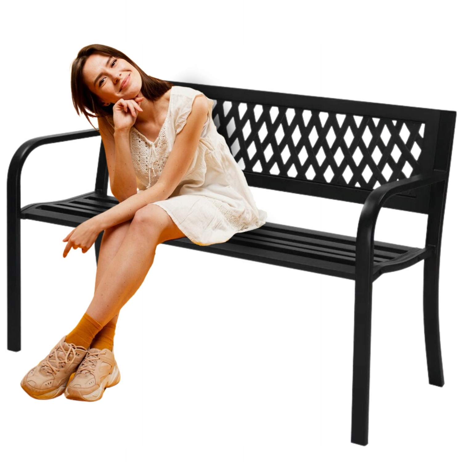 MOCNA ŁAWKA OGRODOWA METALOWA DO OGRODU PARKOWA ŁAWECZKA Z OPARCIEM CZARNA