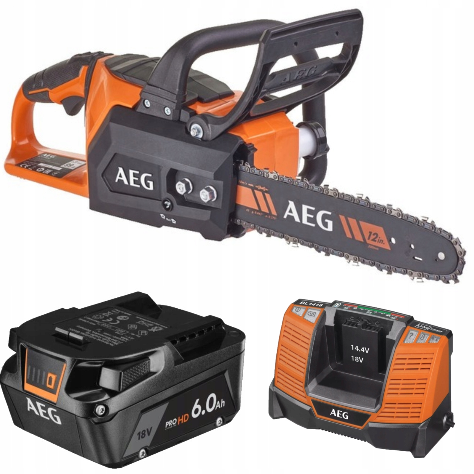 Aeg Řetězová pila Bezuhlíková 18V Nabíječka BL1418+Akumulátor 6.0Ah