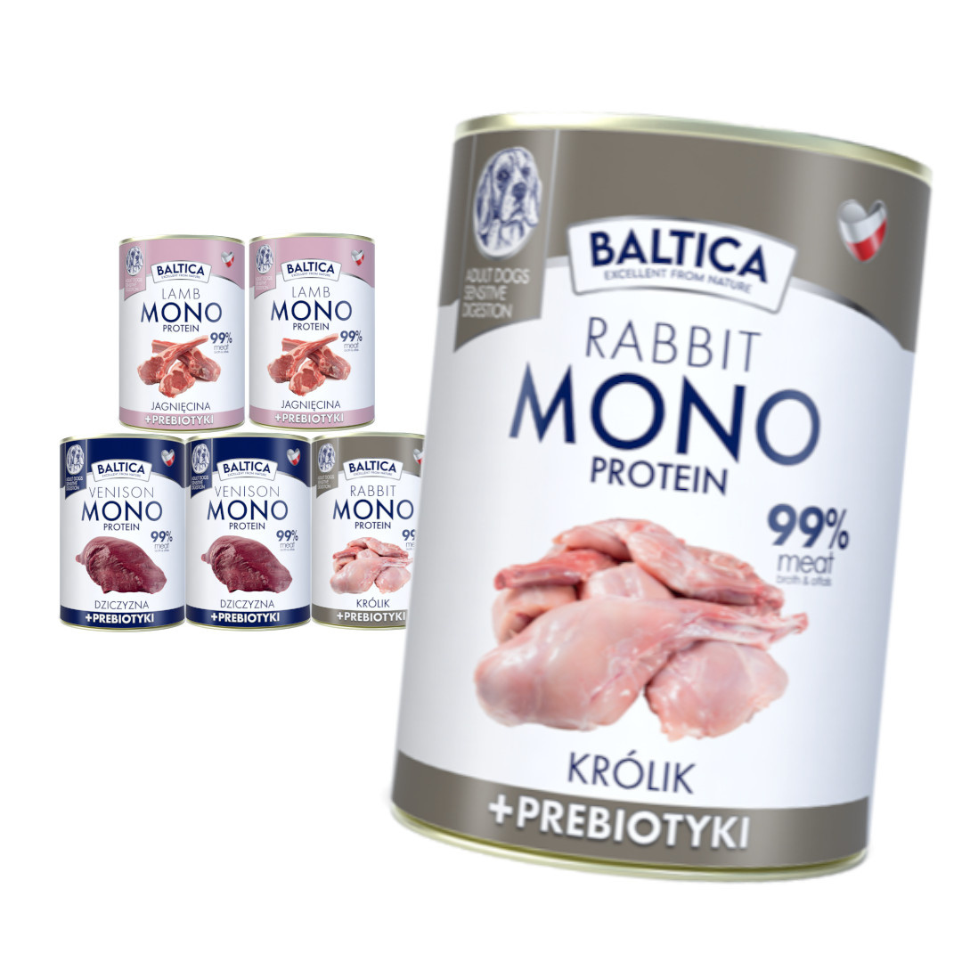 Levně Baltica Monoprotein 6x400g Vlhké Krmivo pro psa Jehněčí zvěřina Králík