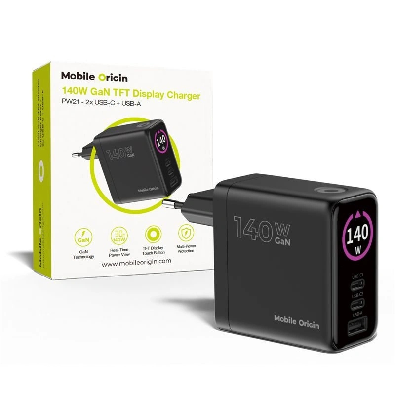 Síťová nabíječka 140W displej, GaN Pd Usb-c Usb-a, Mobile Origin, Pps