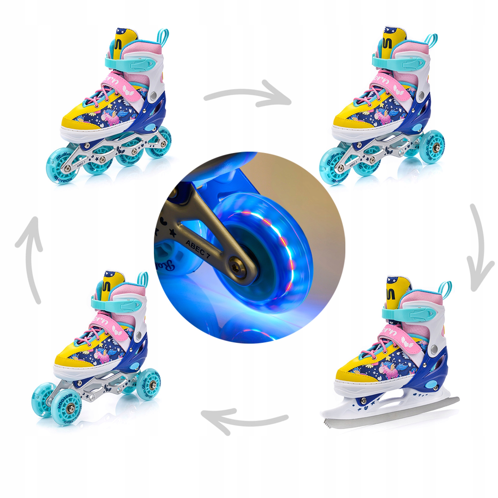 Kolečkové Brusle 4v1 Meteor Unicorn L 38-41 kombinované brusle: kolečkové, na led, inline Led kola