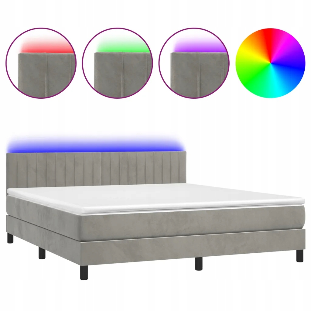 Kontinentální postel s matrací a Led diodami, světle šedá 203x180x78/88 cm