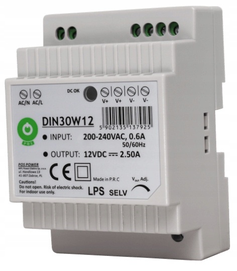 ZASILACZ NA SZYNĘ DIN 30W 12V 2.5A DO TAŚM LED DOMOFONU POS POWER DIN30W12