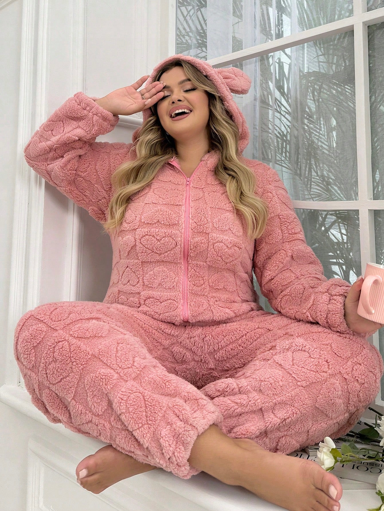 Plyšový Pyžamový Oblek Růžový S Kapucí Na Zip Teddy Shein 6XL 52