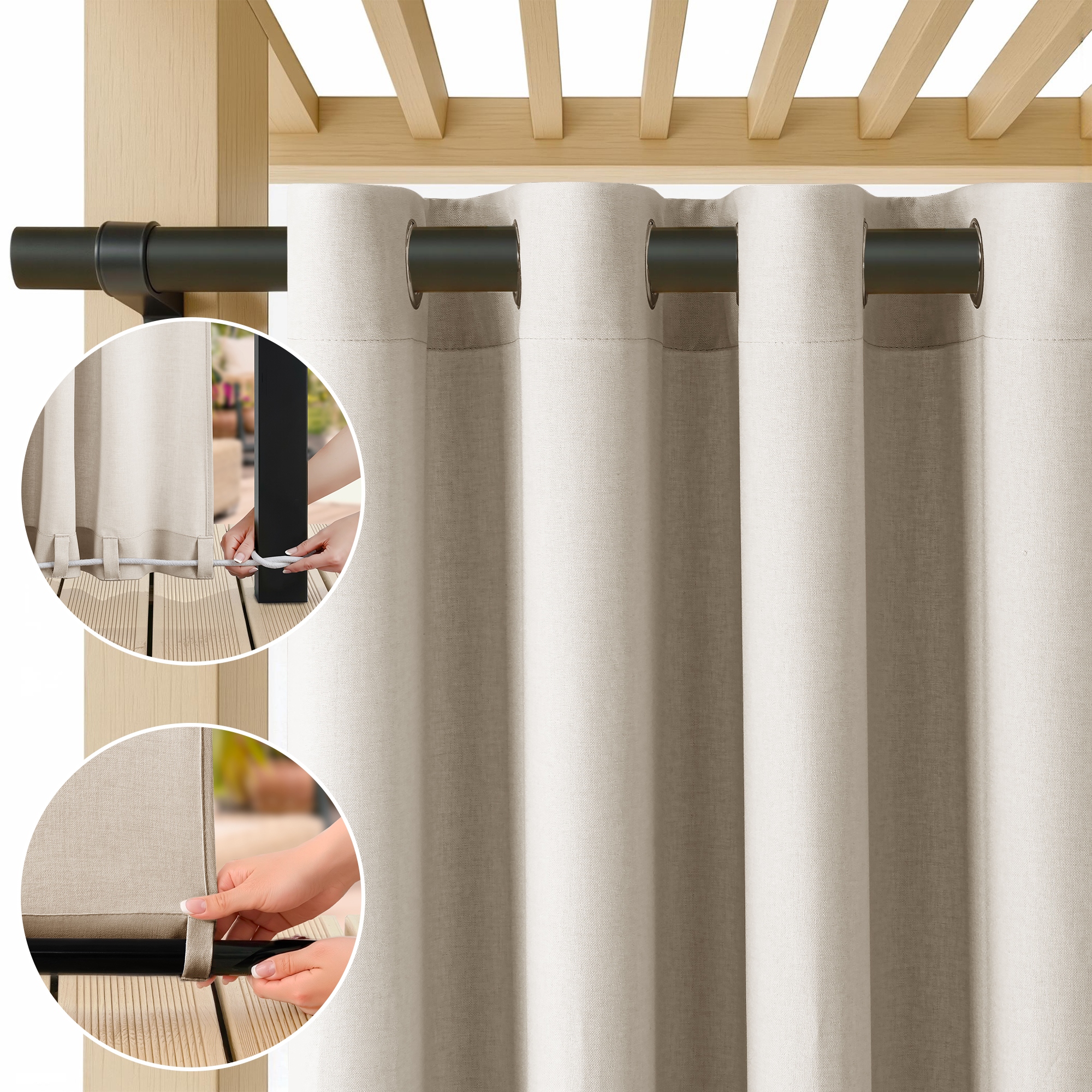 Filumi Balkonové závěsy s lenovou vazbou, voděodolné, teplá béžová barva 155x200