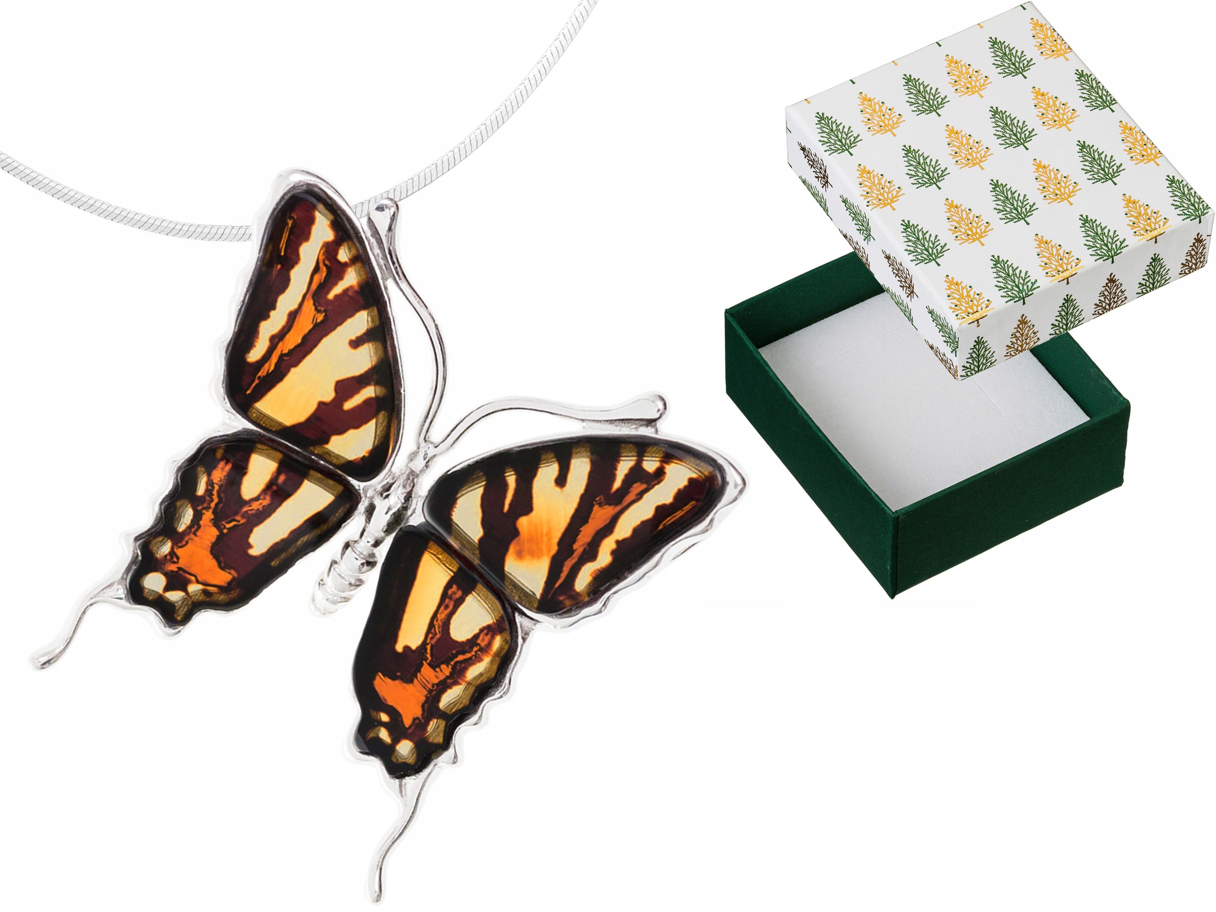 Stříbrný náhrdelník Motýl Přívěsek Jantarem Přívěsek Motýlek Řetízek 32