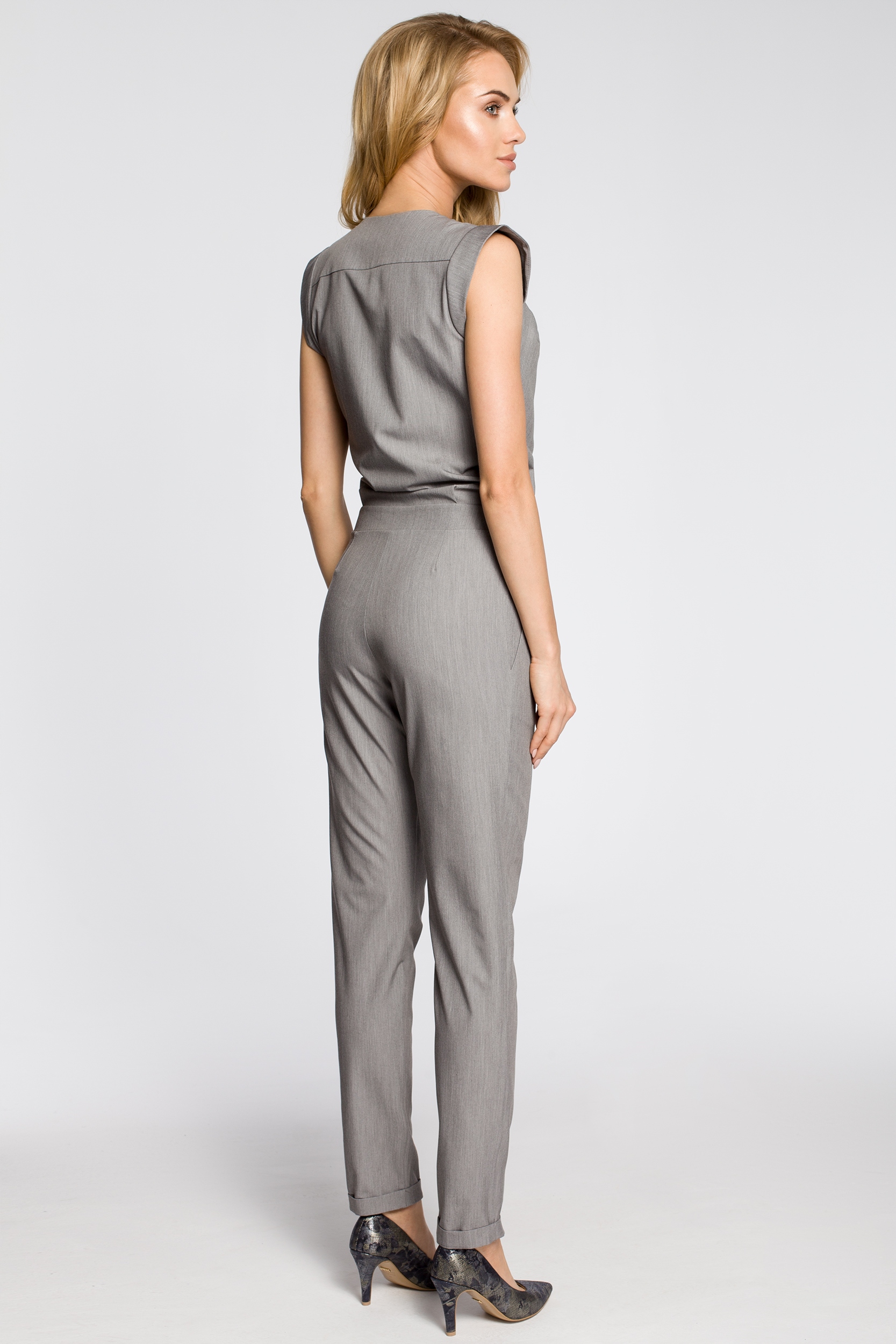 ELEGANCKI DAMSKI KOMBINEZON KOBIECY DŁUGIE NOGAWKI PIĘKNY SZARY 38 M Kolor szary