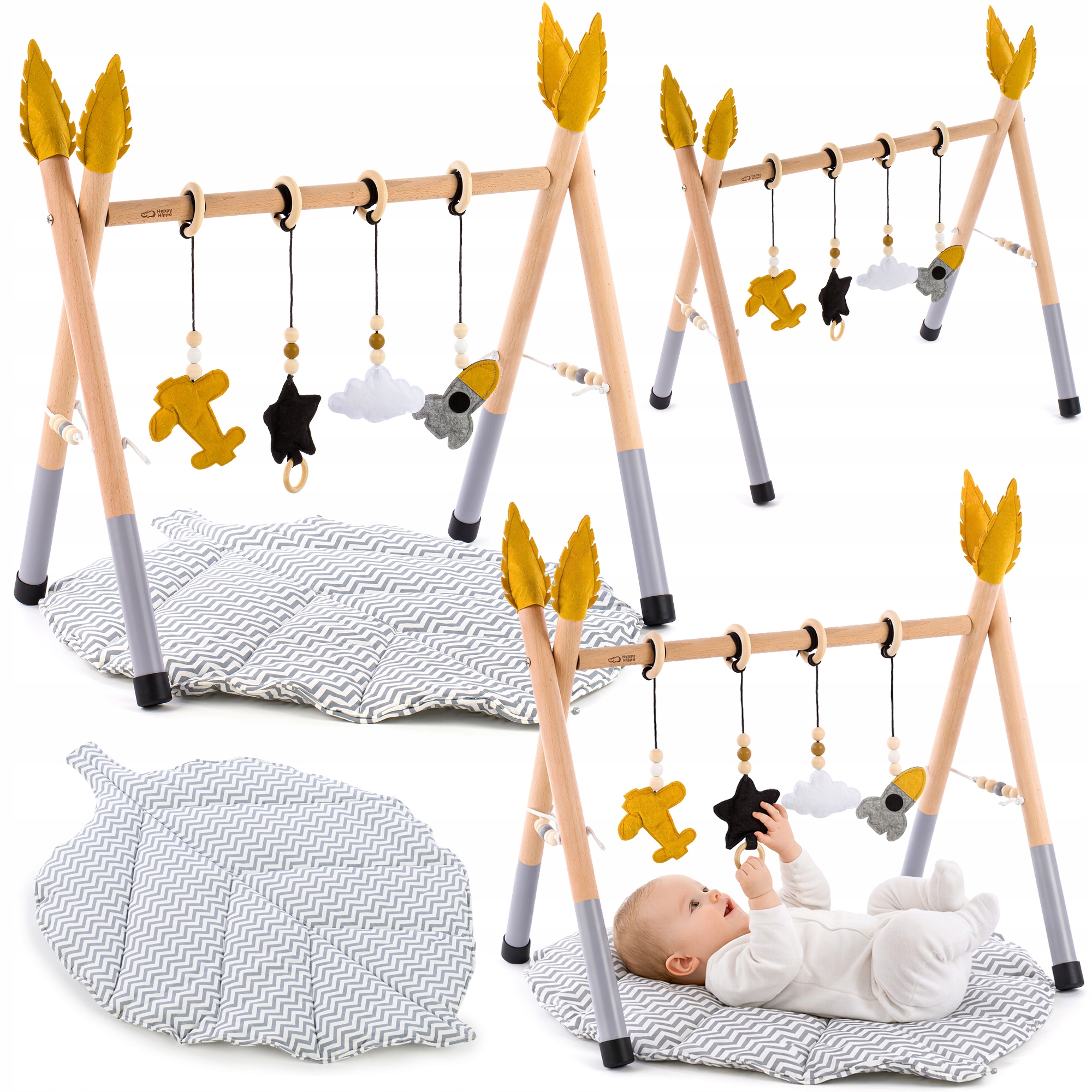 Stojak edukacyjny dla niemowlaka chłopca drewniany Baby Gym mata liść szara