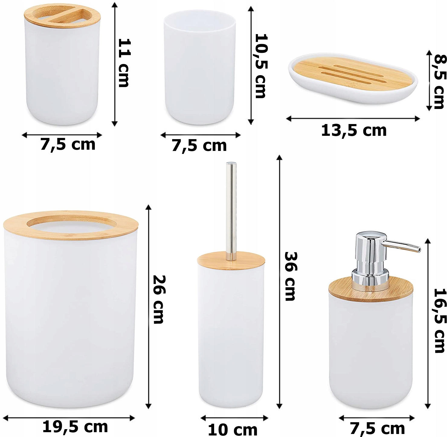 ZESTAW ŁAZIENKOWY SZCZOTKA DO ŁAZIENKI WC DOZOWNIK KOSZ BIAŁY KOMPLET 6w1 Kolor biały