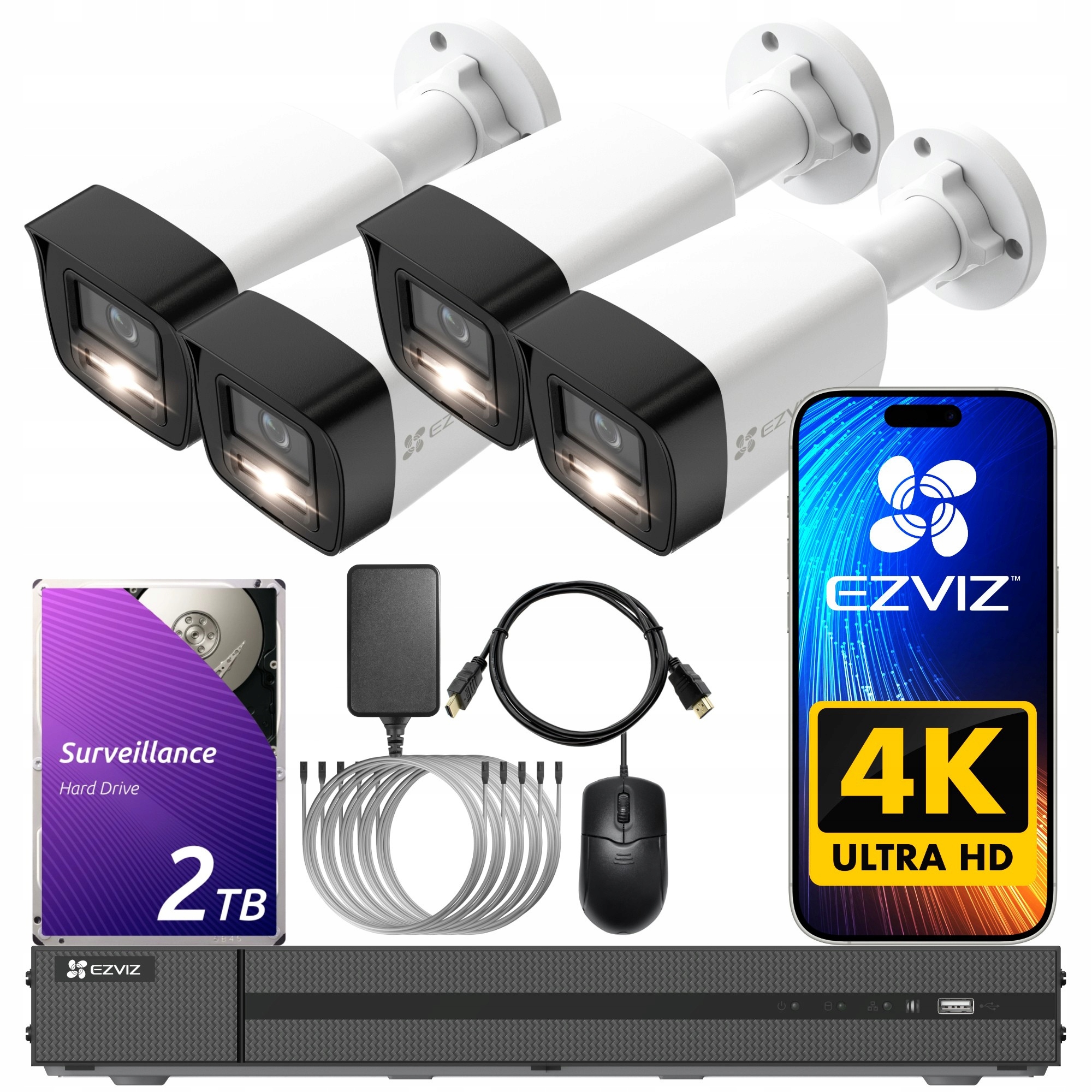 Zestaw Monitoringu 8Mpx Ip Rejestrator Dysk 2TB 4xKAMERA Gniazdo Sd Audio
