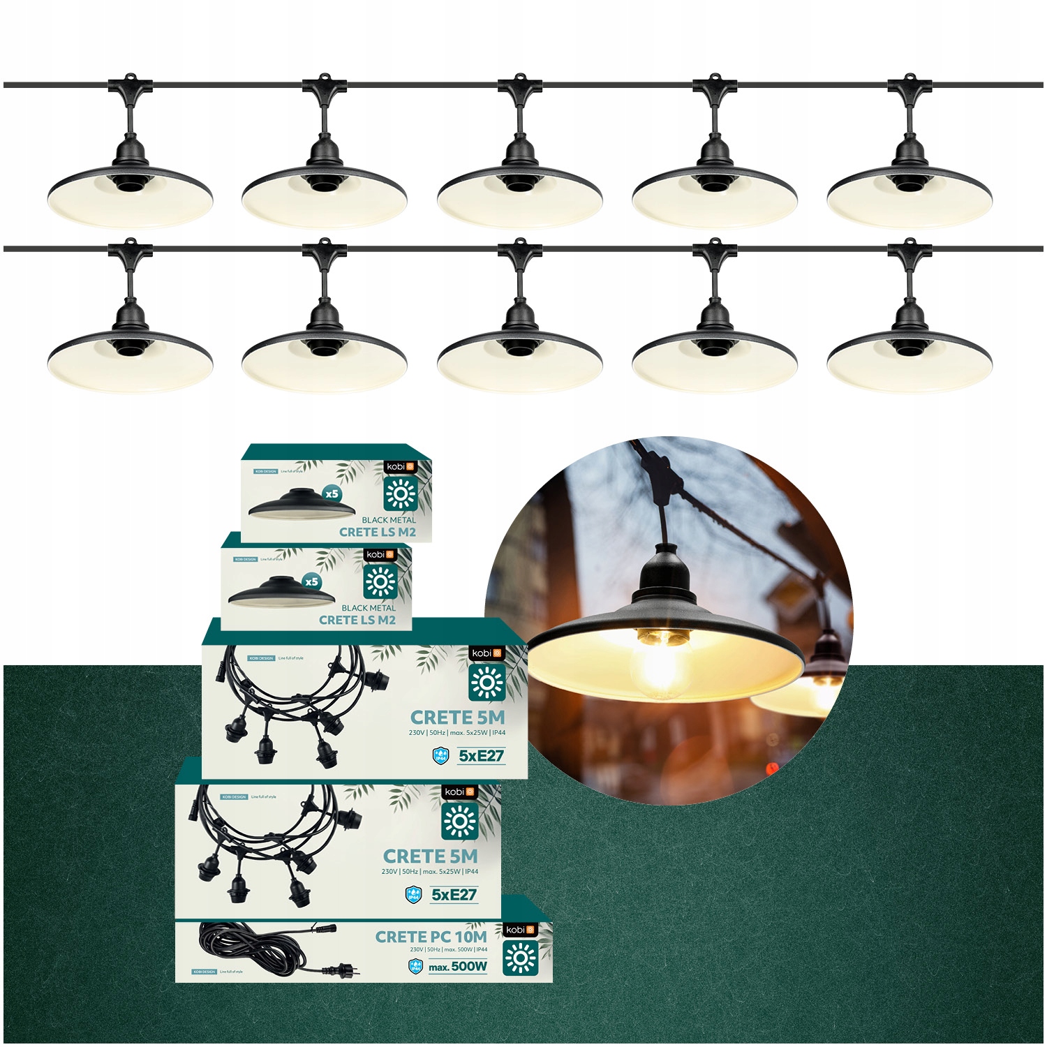 ZESTAW CRETE 2x Girlanda ogrodowa 5m + kabel 10m + 10x klosz czarny M2 Długość 1000 cm