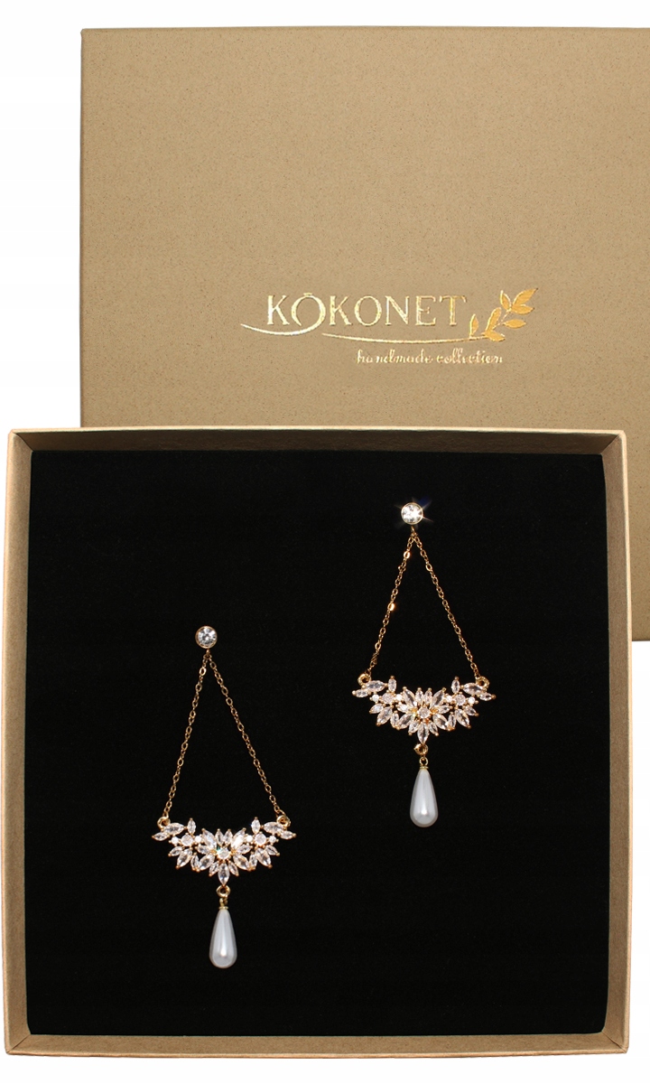 Dlouhé závěsné zlaté náušnice s perlami křišťály Svatba vyrobené