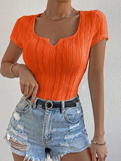 SHEIN POMARAŃCZOWA TEKSTUROWA BLUZKA Z KRÓTKIM RĘKAWEM M 15341 Rozmiar M
