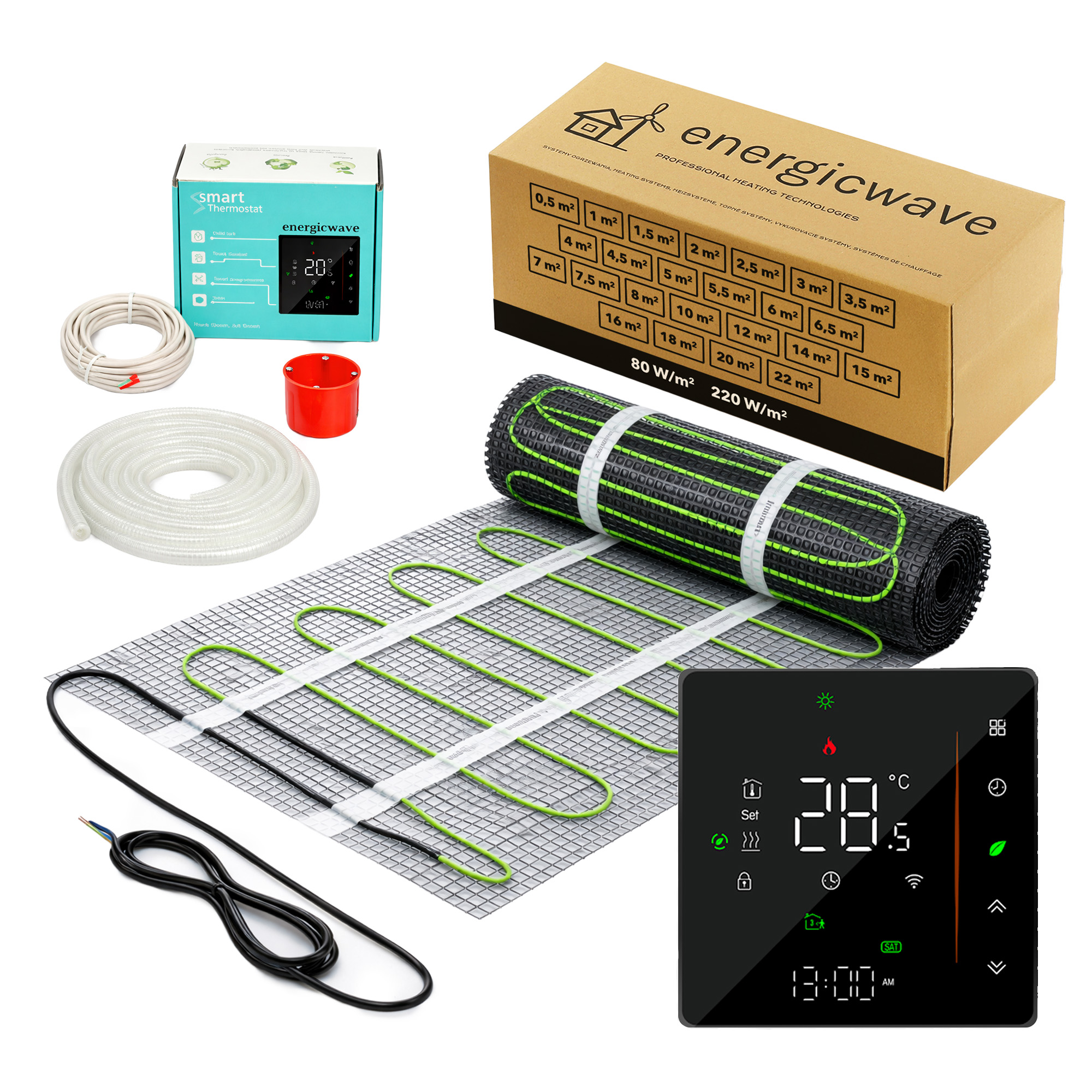 Sada vykurovania 5 m2, vykurovacia rohož s čiernym termostatom, podložka pod dlaždice