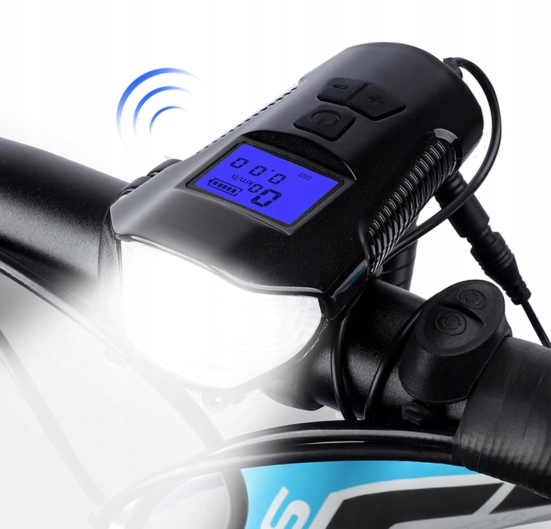 LAMPKA ROWEROWA PRZEDNIA + TYŁ + LICZNIK I KLAKSON Zawartość zestawu ładowarka lampka latarka