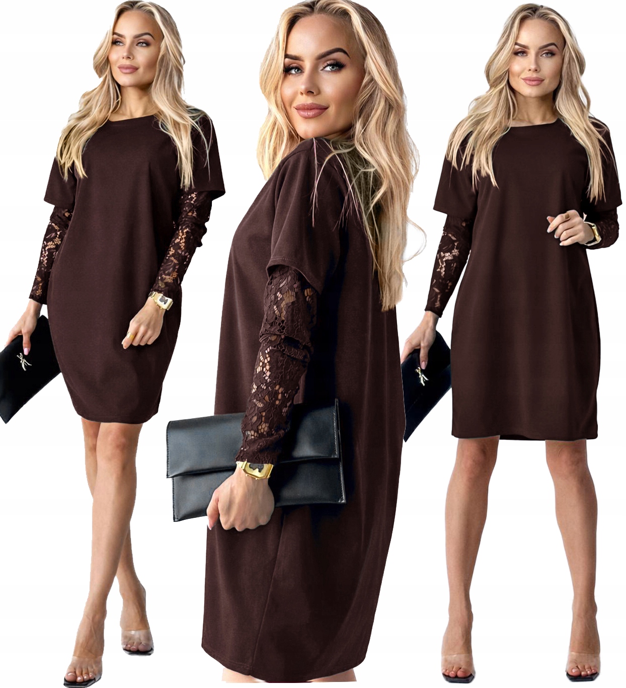 Czekoladowa wizytowa Sukienka Damska koronkowy rękaw Sabrina