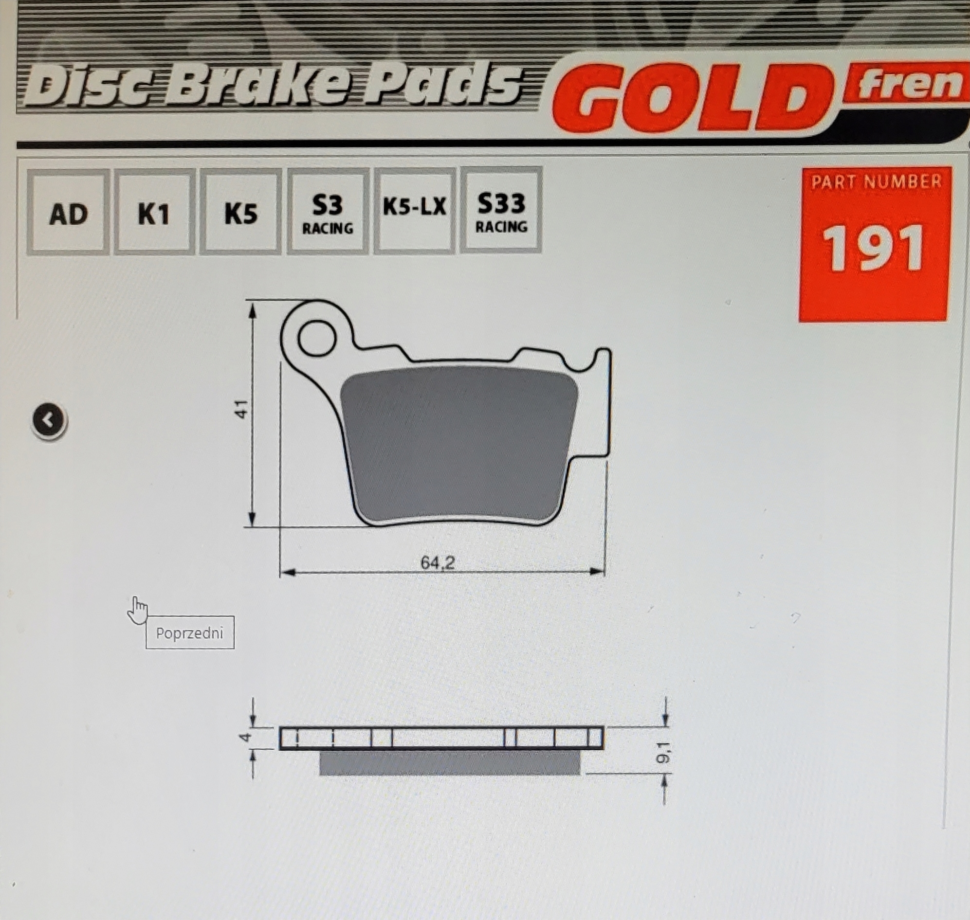 KLOCKI HAMULCOWE GOLDFREN 191K5TYŁ KTM.APRILIA ITP