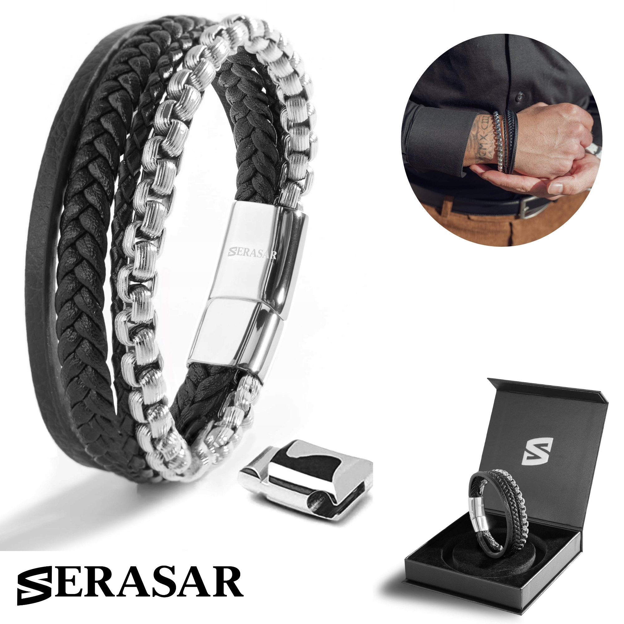 Kožený náramek Serasar Premium [Hero] Stříbrný 23 cm