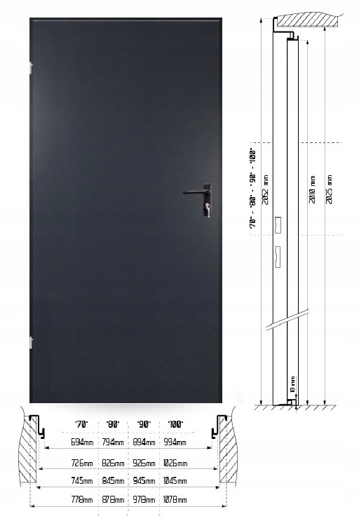 DRZWI WEJŚCIOWE TECHNICZNE OCIEPLANE METALOWE ALU 1 BLACK + OŚCIEŻNICA 70 P Szerokość drzwi 70 cm
