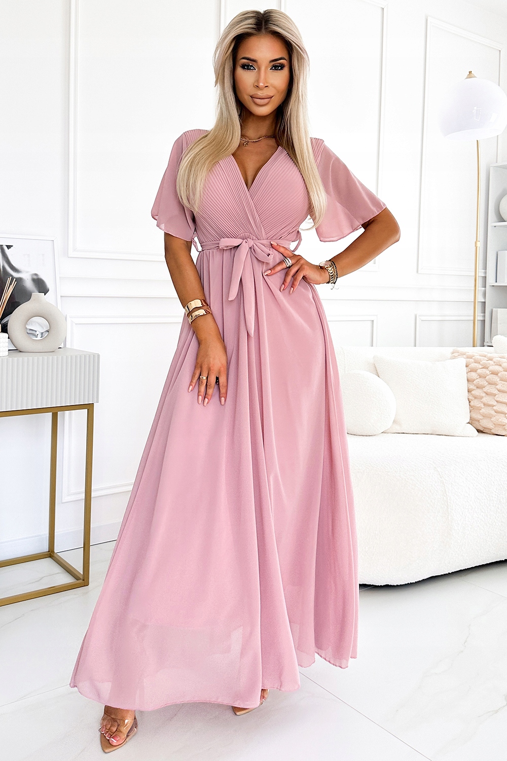 Dlouhá šaty s plisovaným výstřihem a zavazováním – Pudrová Růžová