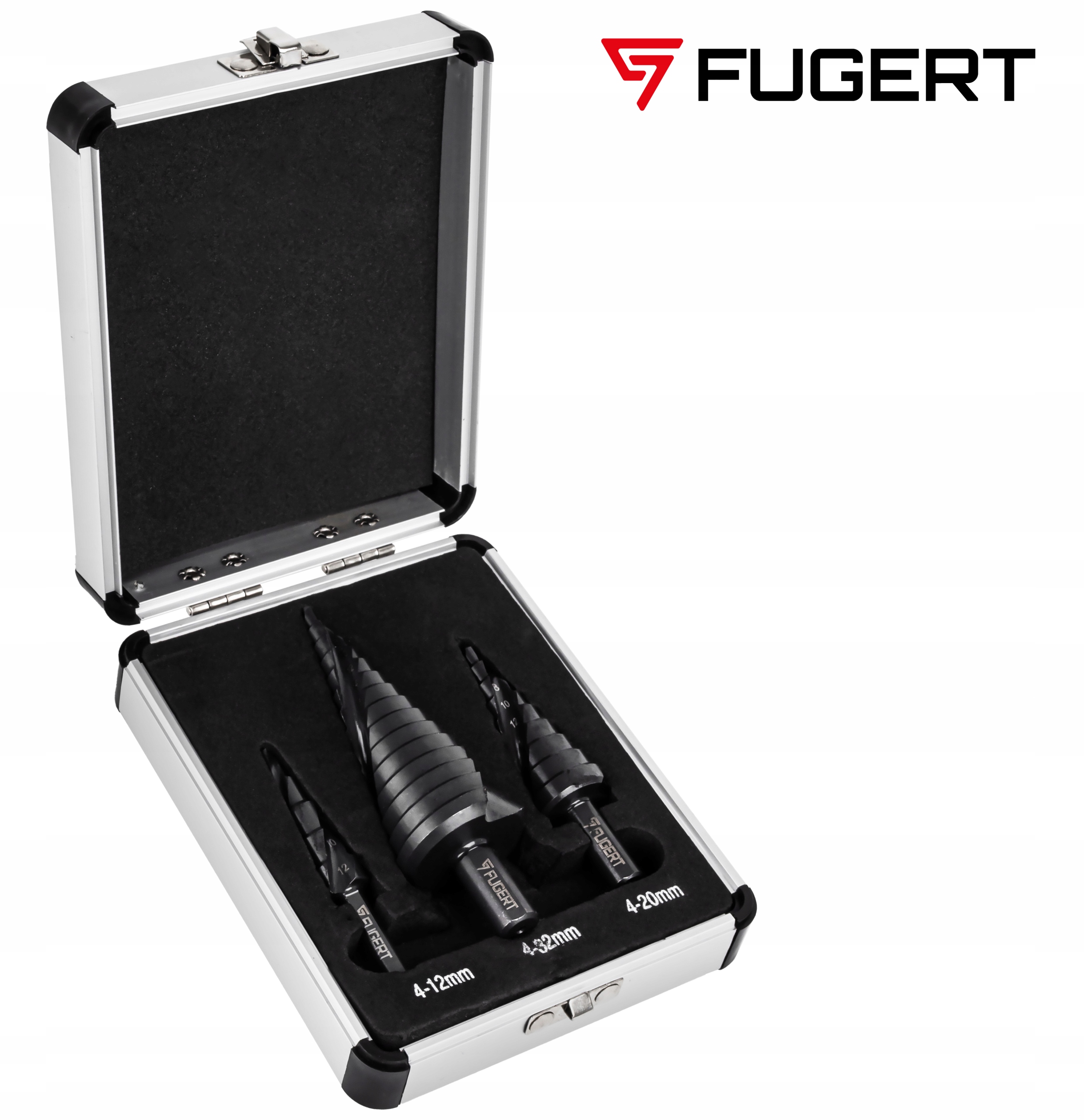 WIERTŁA STOPNIOWE STOŻKOWE CHOINKOWE DO METALU STALI BLACHY 4-32 MM 3SZT Marka FUGERT