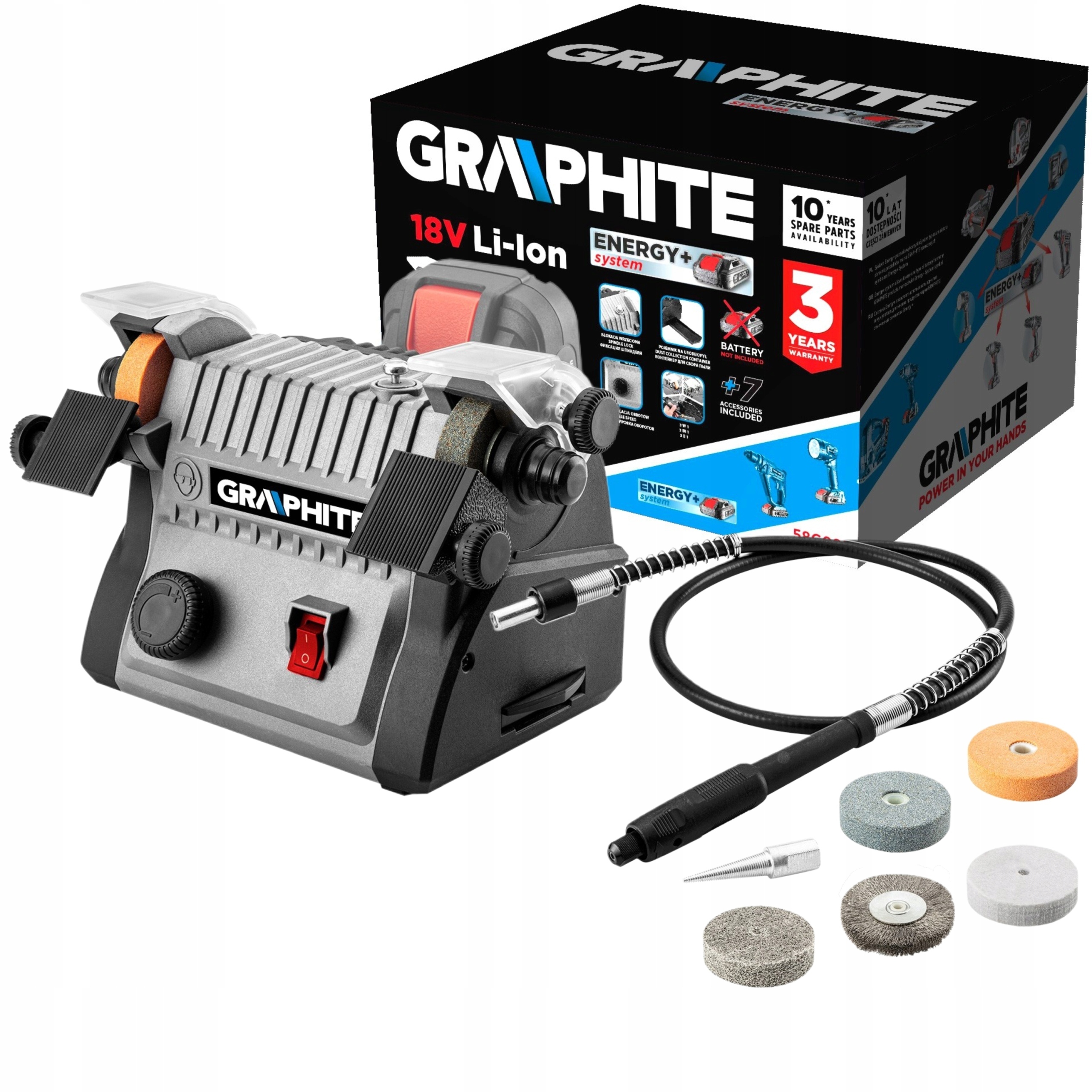 

Graphite Mini Szlifierka Stołowa akumulatorowa 3w1