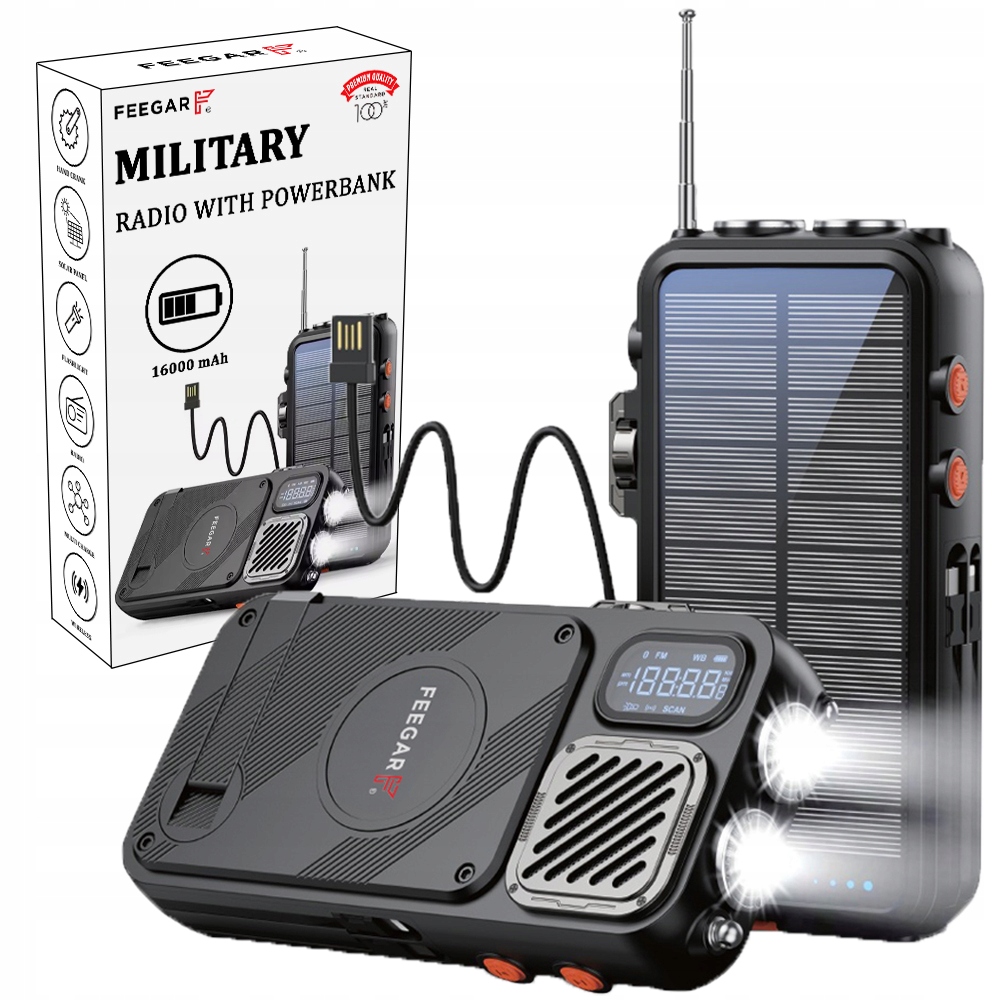 Rádio Přenosná solární powerbanka Feegar 16000mah Bluetooth Indukce Qc 20W