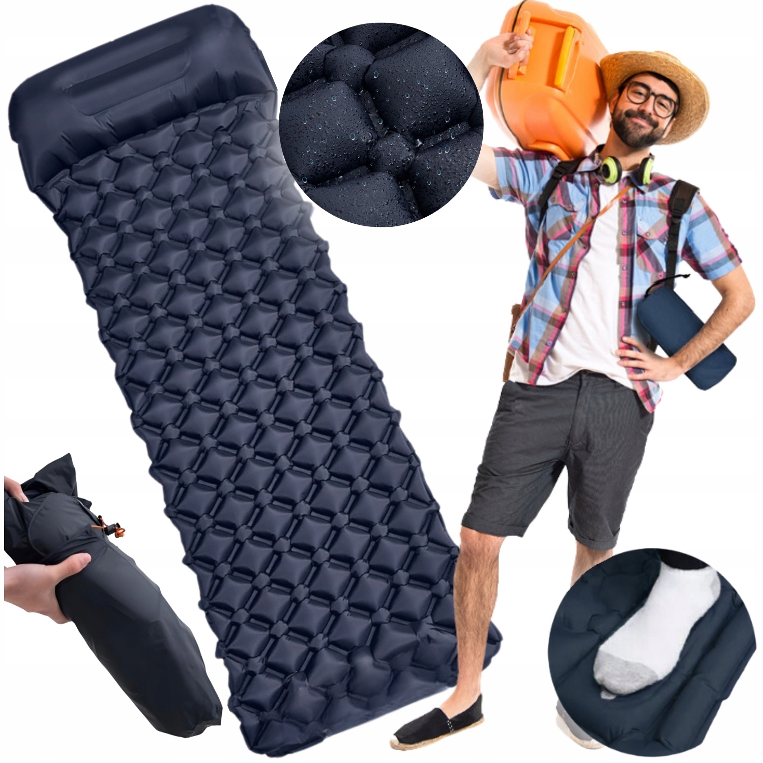 Materac z wbudowaną pompką jednoosobowy turystyczny do namiotu pompowany