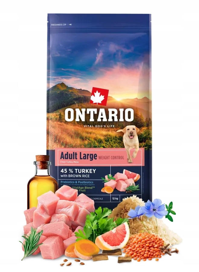 Levně Ontario 12kg Krmivo pro kočky s nadváhou krůtí, velké granule