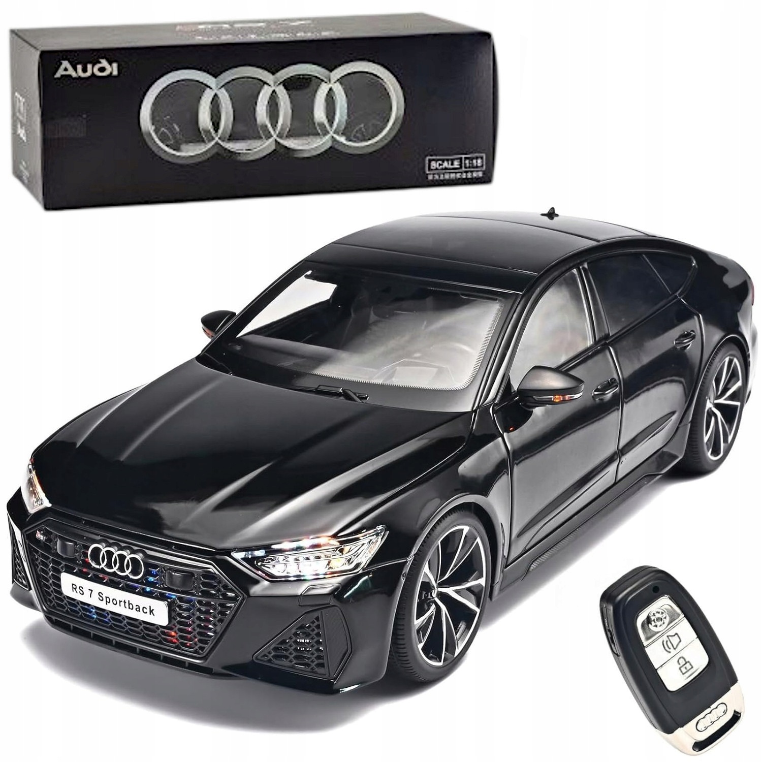 Model samochodu Audi RS7 w skali 1:18 z pilotem Box Oem książka led dźwięk