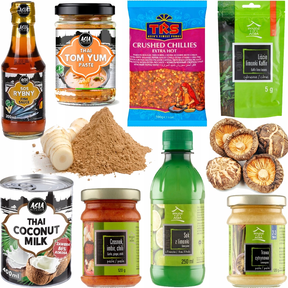 Zestaw Składników Do Ostrej Tajskiej Zupy Krewetkowej Tom Yum 10 Produktów