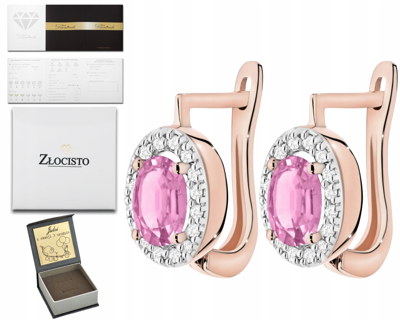 Růžové Zlato Náušnice S Růžovým Safírem A Diamanty, Anglické Zapínání