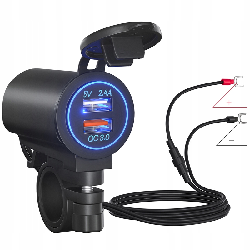 ŁADOWARKA MOTOCYKL USB 2.4A + USB QC3.0 + PRZYCISK Stan opakowania oryginalne