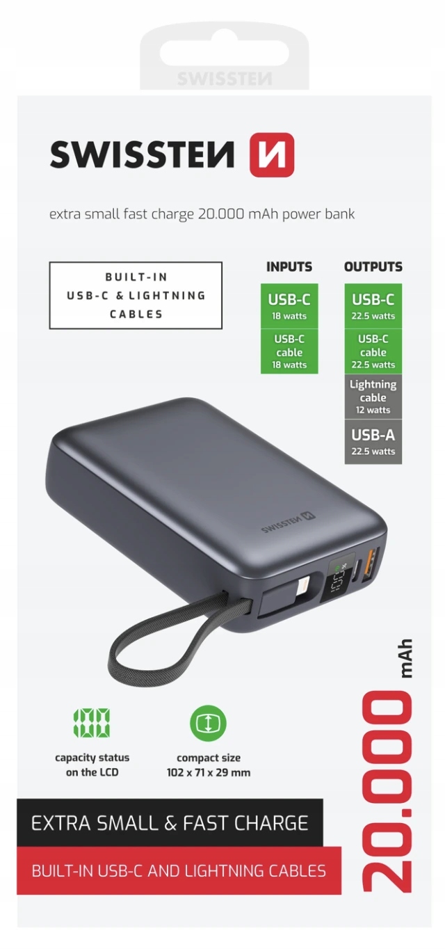 Swissten 20000 mAh 22,5W kabely Usb-c a Lightning vesmírně stříbrná 2201394