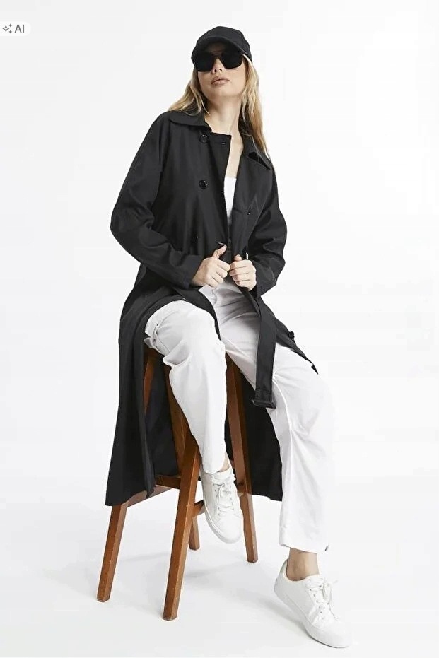 Dlouhý Černý Oversize Kabát S Knoflíky A Kapucí 38 5IA