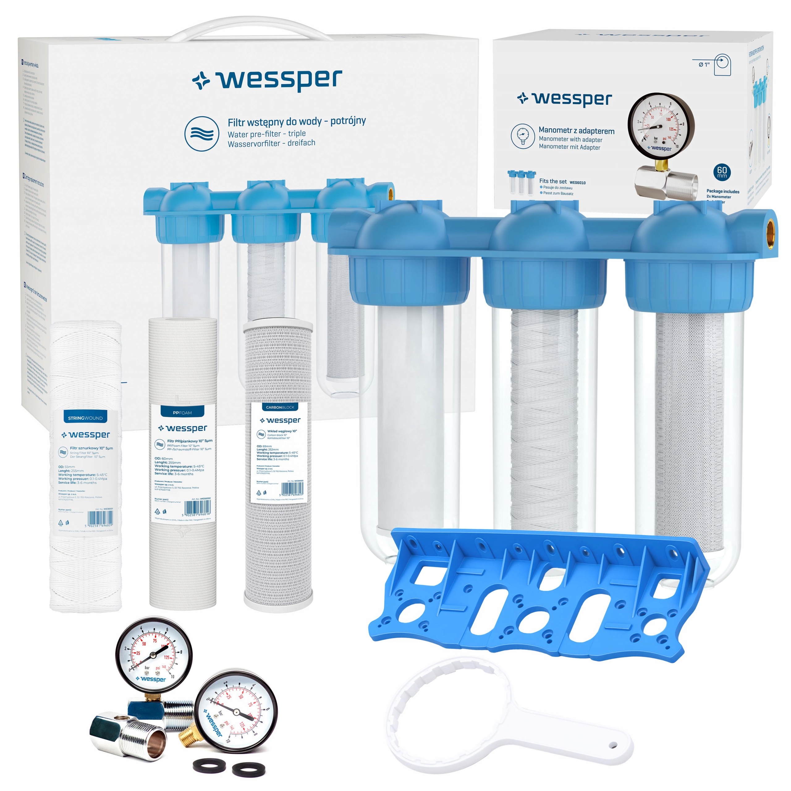 Wessper 1" 3-stupňový filter na vodu pre celý dom vložky tlakomer