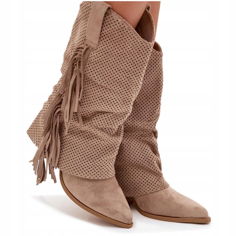 Kotníkové Boty Kovbojské Boty Na Podpatku S Třásněmi Ažurové Eko Semiš Zasouvací Béžové 39