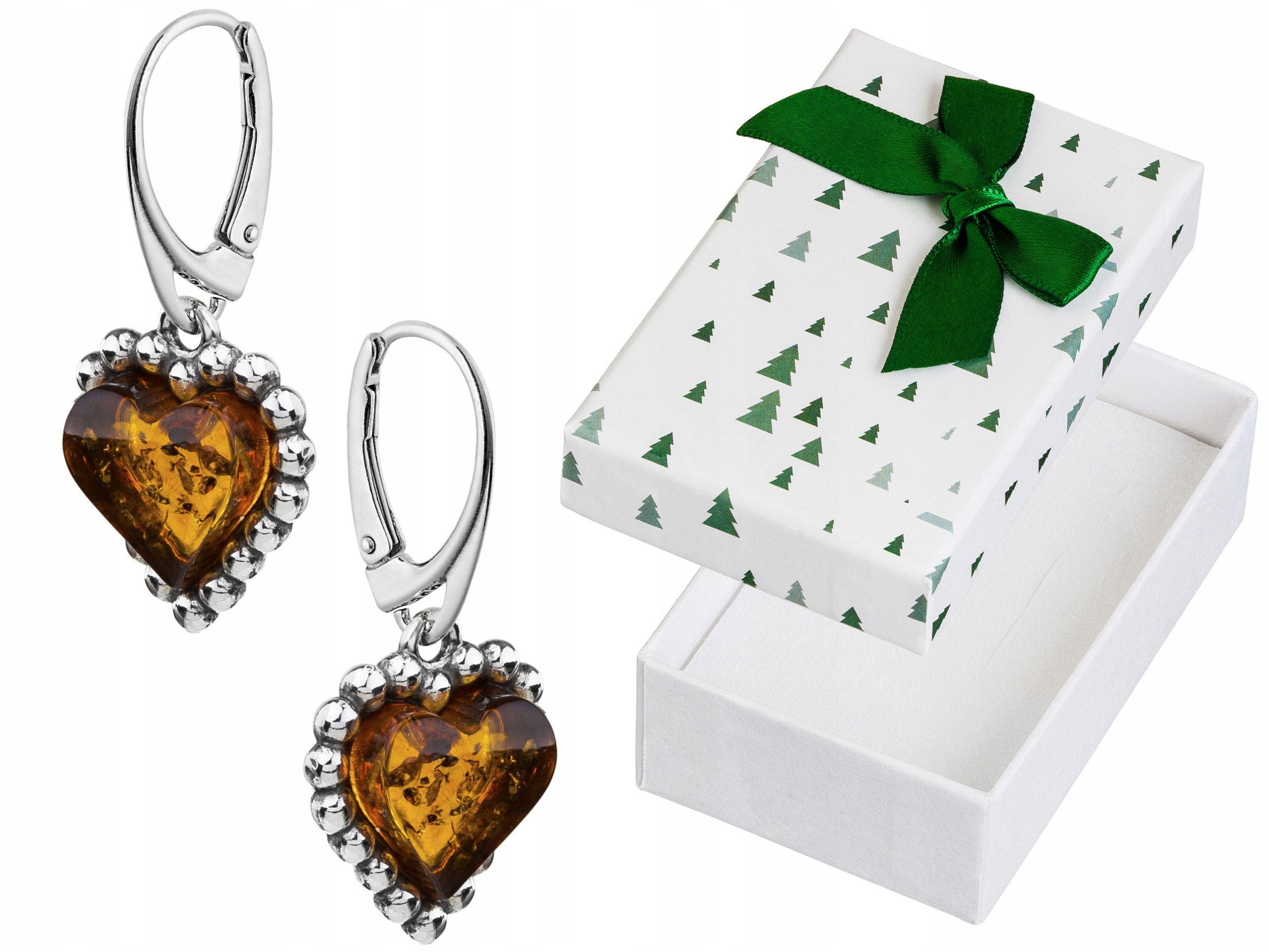 Stříbrné Náušnice Závěsné srdce s jantarem Anglické zapínání Srdíčka