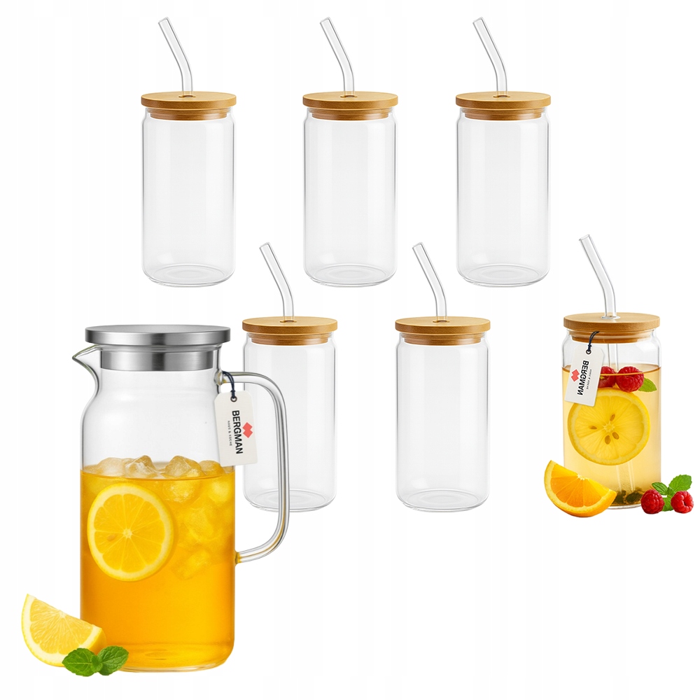 Sada Bergman – džbán o objemu 1250 ml a 6 sklenic o objemu 550 ml s víčkem a brčkem