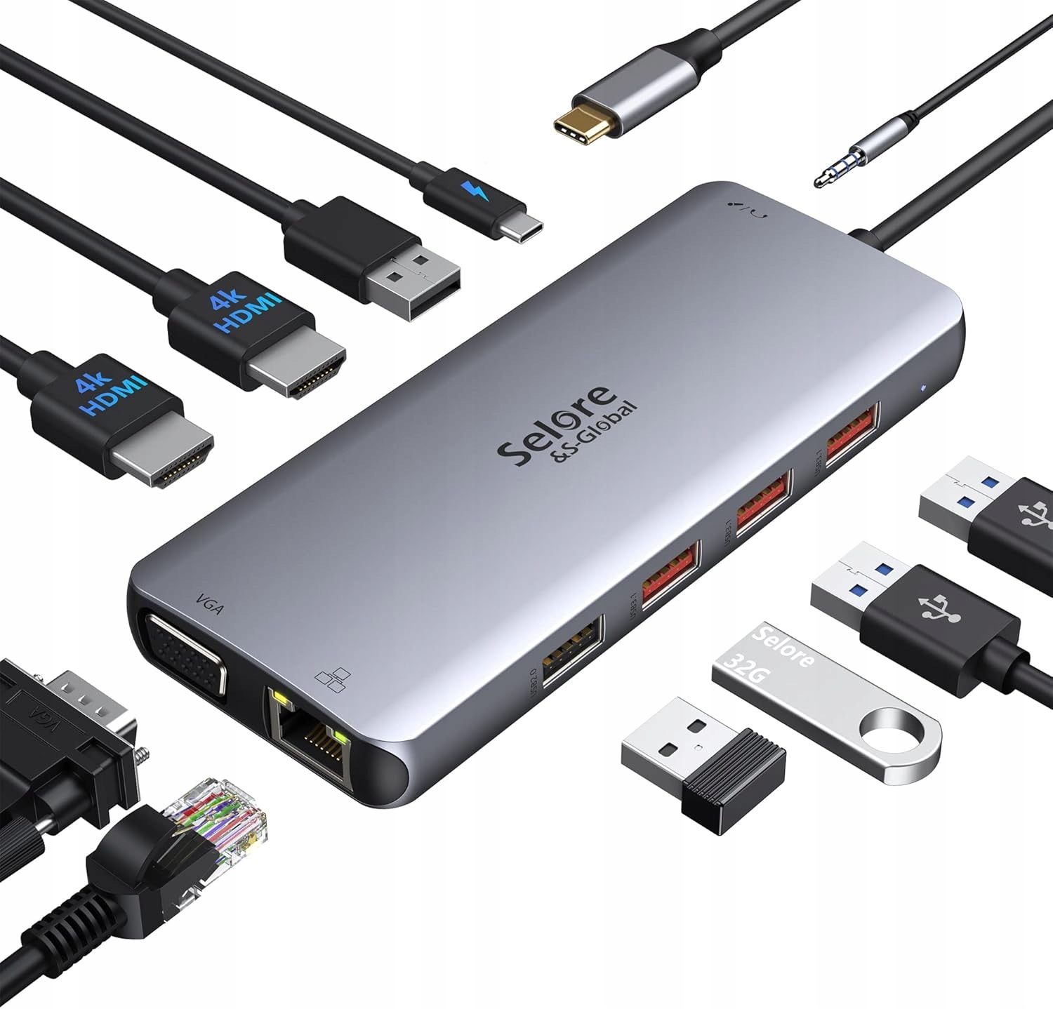 Stacja Dokująca Hub Usb-c 11w1 2xHDMI Vga 100W Pd RJ45 Audio Selore