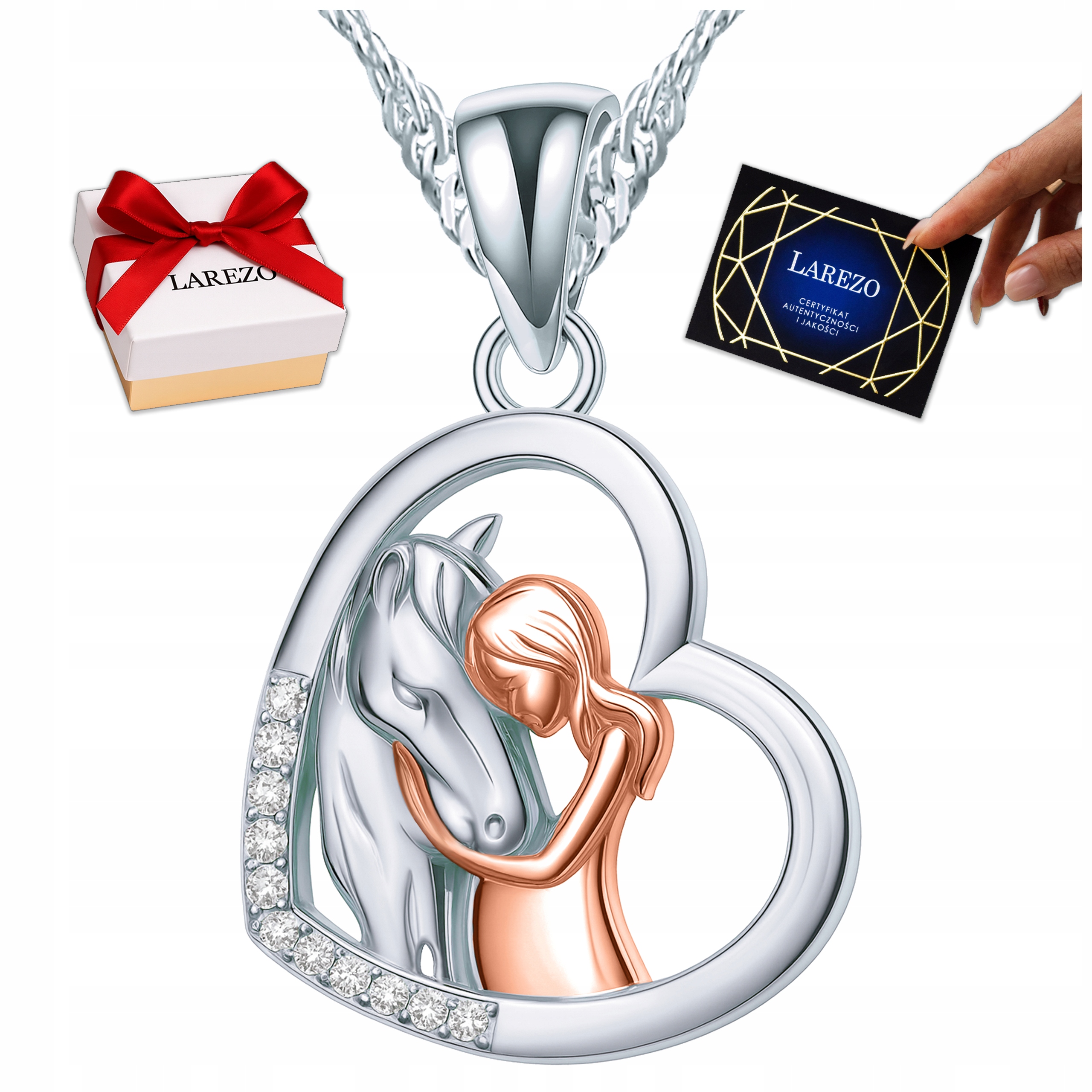 Stříbrný Náhrdelník Dívka Kůň Žena Láska Srdce Zirkony Stříbro 925